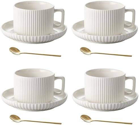 8 Ounce Cappuccino Cups Set of 4, Latte Mugs with Saucers and Spoons, White Cream Ceramic Coffee Mugs Tea Cups for Cappuccino Latte Mocha Au Lait Macchiato Cafe by AYUCIAPremiumCeramic
