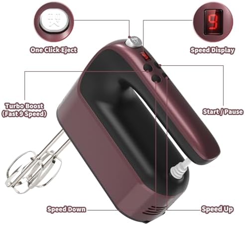 Yomelo 9-Speed Digital Hand Mixer Electric, 400W Powerful DC Motor, Hand Mixer Electric Handheld with Snap-On Storage Case, 5 Stainless Steel Accessories, Beaters, Dough Hooks, Whisk(Grape Purple) - Image 2