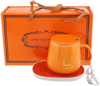 Ceramic Coffee Mug Warmer Set with Electric Heating Pad, USB 5v Thermal Beverage Warmer for Desk and Office Use, Auto Shut, Orange Insulated Cup for Tea and Milk by Unknown