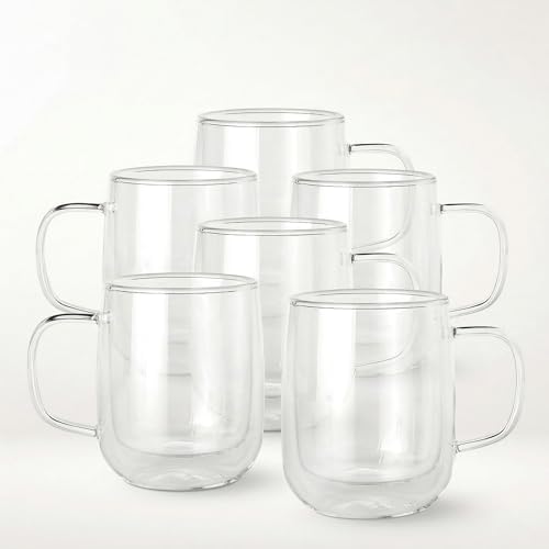 COLLECTIVE HOME 14oz Double Walled Glass Coffee Mugs, Set of 6 - Insulated Clear Glass Cups with Handle, Premium Gift Boxed, Heat Resistant Borosilicate Glassware for Latte, Americano & Tea (6) by COLLECTIVEHOME