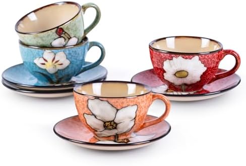 8 Oz Floral Porcelain Cappuccino Cups with Saucers Set of 4, Stoneware Tea Coffee Mugs for Home Kitchen & Office, Dishwasher Microwave Oven Safe, for Espresso, Latte, Americano, Milk & Tea, Mix by WHITEPENOY