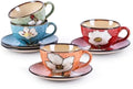 8 Oz Floral Porcelain Cappuccino Cups with Saucers Set of 4, Stoneware Tea Coffee Mugs for Home Kitchen & Office, Dishwasher Microwave Oven Safe, for Espresso, Latte, Americano, Milk & Tea, Mix by WHITEPENOY
