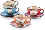 8 Oz Floral Porcelain Cappuccino Cups with Saucers Set of 4, Stoneware Tea Coffee Mugs for Home Kitchen & Office, Dishwasher Microwave Oven Safe, for Espresso, Latte, Americano, Milk & Tea, Mix by WHITEPENOY