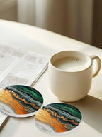 Coasters for Drinks Set of 6 with Holder Green Ombre Yellow Marble Texture Wave Natural Gradient Ceramic Cup Mat, Absorbent Ceramic Stone Coasters with Cork Base for Coffee Cups Home Decor 4 Inch - Image 2