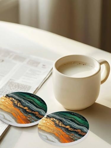 Coasters for Drinks Set of 6 with Holder Green Ombre Yellow Marble Texture Wave Natural Gradient Ceramic Cup Mat, Absorbent Ceramic Stone Coasters with Cork Base for Coffee Cups Home Decor 4 Inch - Image 2