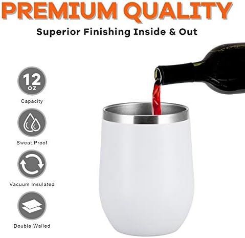 COMOOO 12oz Wine Tumbler with Lid and Straw, Stainless Steel Stemless Wine Glass, Double Wall Vacuum Insulated Wine Tumbler Cup, Cocktails,Beer,Champaign, White, 8 Pack - Image 4