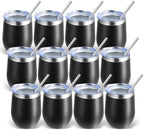 Volhoply 12oz Stainless Steel Wine Tumbler with Lid Bulk 12 Pack,Double Wall Vacuum Stemless Wine Glasses,Reusable Metal Travel Coffe Mug with Straw,Insulated Cups Gifts for Christmas（Black,12 Set） by LiveFully%EF%BC%8CDrinkFreely%E2%80%94KeepGoingwithVolhoply%EF%BC%81