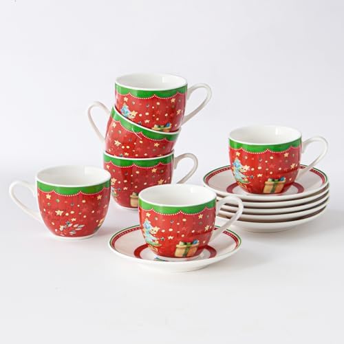 Christmas Espresso Cups & Saucers Set of 6, 3oz Small Coffee Mugs, Ceramic Demitasse Cup for Tea, Latte, Expresso Shot Cup for Espresso Machine & Coffee Maker, Christmas Gifts for Coffee Lovers by Ursword