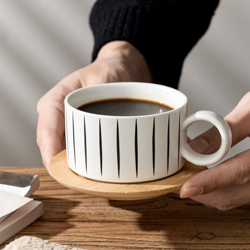 LUKA 6 Ounce Porcelain Stackable Espresso Cups with Saucers and Metal Stand Set of 4, Ceramic Cappuccino Cups Set for Specialty Coffee Drinks, Latte, Cafe Mocha and Tea, Stripes, White - Image 7