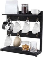 PH PandaHall Rustic Mug Holder Stand 2 Tier Wood Countertop Rack Black Coffee Cup Organizer Shelf Holds 8 Mugs for Kitchen Coffee Bar Home Dining Room Decoration, 14.9x14x15.7 inch by PHPandaHall