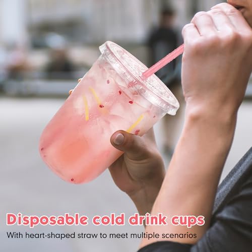 Ziliny 50 Sets 16oz Pink Plastic Cups with Heart Shaped Straws and Lids - Image 6