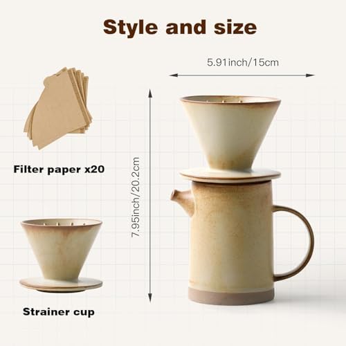 Vintage Ceramic Pour Over Coffee Maker Set, Includes 15.8oz Porcelain Coffee Maker and Dripper with 20 Paper Filters, 1-Hole Reusable Slow Brewing Coffee Accessories for Home, Office, Travel, Camping - Image 2