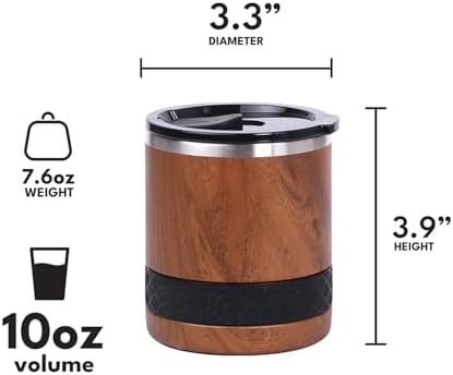 Elemental Recess Lowball Tumbler Set of 2, 10oz Triple Wall Stainless Steel Cup with Non-Shattered Tritan Lid, Insulated Whiskey Glass, Insulated Coffee Tumbler Mug for Hot & Cold Drinks - Teakwood - Image 4