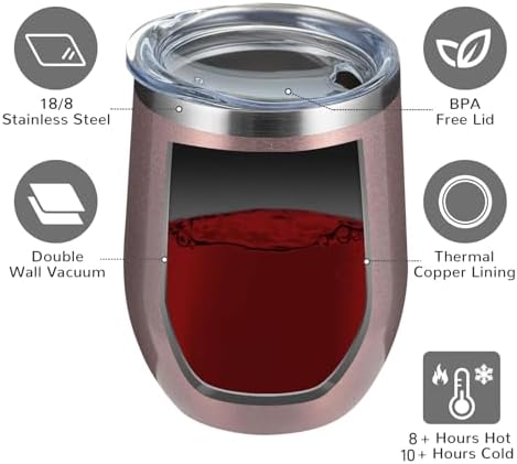 MEWAY 12oz/8 Pack Wine Tumbler Glasses with Lid - Stemless Double Wall Vacuum Stainless Steel Travel Tumbler - Keeping Cold & Hot for Wine,Coffee,Cocktails,Drinks (Rose gold,Set of 8) - Image 3
