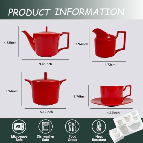 Red Tea Set with Teapot, Cups, Sugar & Creamer Set, Tea Party Service - Image 6