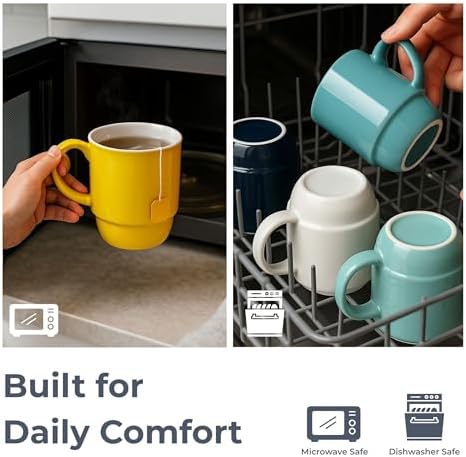 Stackable Porcelain Coffee Mug Set of 4 – 16oz Large Handle, Space-Saving Ceramic Mugs for Kitchen & Coffee Bar, Microwave & Dishwasher Safe • Modern Home Gift - Image 4