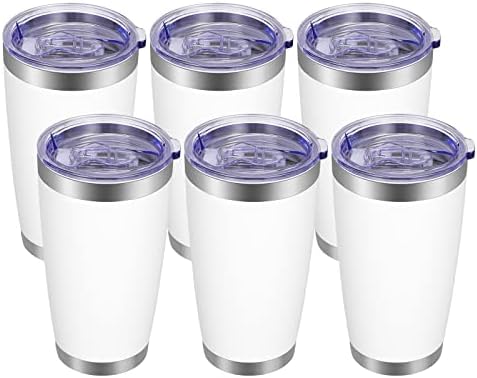 VEGOND 20oz Tumbler with Lid and Straw Stainless Steel Tumbler Cup Bulk Vacuum Insulated Double Wall Travel Coffee Mug Powder Coated Coffee Cup, White, 6 Pack by VEGOND
