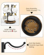 8-Hook 360° Rotating Large Coffee Mug Tree for Counter, Wood Base, Brown - Image 4