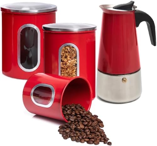 Mixpresso Stovetop Espresso Coffee Maker 10oz/6 Espresso Cup, Moka Coffee Pot with Coffee Percolator Design, Stainless Steel Stovetop Espresso Maker, Italian Coffee Maker, Bundle With 3 Piece Red Can by Mixpresso
