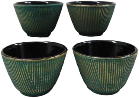 Ebros Gift Pack Of 4 Japanese Traditional Tetsubin Style Textured Surface Cast Iron Tea Cups Teacups Drinkware Tea Service Far East Decorative Accent (Green With Gold Hues) - Image 3