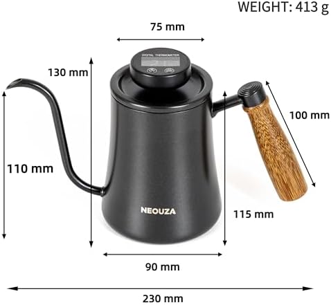NEOUZA 500ml Gooseneck Kettle with Mechanical Dial Thermometer, 304 Stainless Steel Stovetop Safe Kettle for Pour Over Coffee and Tea, Precision Spout & Wooden Handle - Image 6