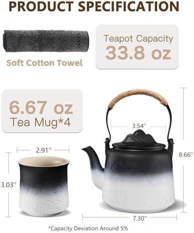 ZENS Japanese Tea Set with 4 Cups, 33.8oz Ceramic Infuser Pot for Loose Tea - Image 4