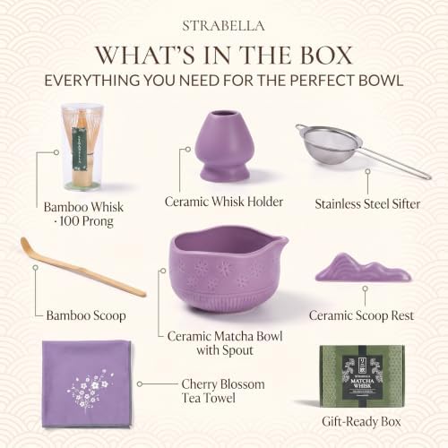7-Piece Matcha Whisk Set – Ceramic Matcha Bowl with Spout, Bamboo Whisk & Holder, Scoop, Sifter, Tea Towel – Japanese Tea Set & Matcha Starter Kit Gift Box (Purple) - Image 2