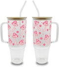 Sip-Sip Hooray! Pink Mushroom Boho 40oz Glass Tumbler with Lid and Straw, Cottagecore Floral Iced Coffee Cup Gift by Sip-SipHooray