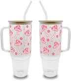 Sip-Sip Hooray! Pink Mushroom Boho 40oz Glass Tumbler with Lid and Straw, Cottagecore Floral Iced Coffee Cup Gift by Sip-SipHooray