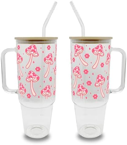 Sip-Sip Hooray! Pink Mushroom Boho 40oz Glass Tumbler with Lid and Straw, Cottagecore Floral Iced Coffee Cup Gift by Sip-SipHooray