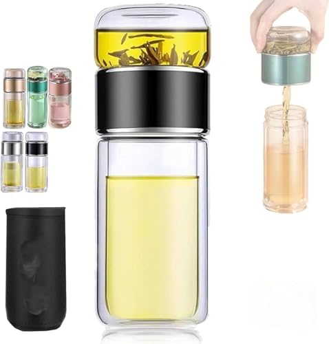 Double Glass Tea Infuser Bottle with Filter & Lid, 3-in-1 Smart Tea Infuser,Portable 3-in-1 Tea Maker for Loose Leaf, Hot or Cold Ready. (Black,420ml) by Unknown