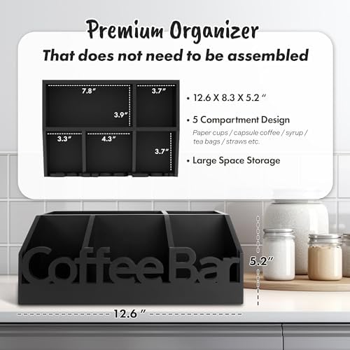 Coffee Bar Organizer Countertop, Wood Tea & Coffee Pod Station Caddy, Black - Image 4