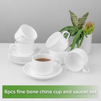 Fine Bone China Stackable Cup and Saucer Set of 6, Pure White Color Glaze Easy to Clean, 6 oz Capacity for Espresso & Cappuccino, Thin and Lightweight Comfortable to Hold, Microwave & Dishwasher safe - Image 2