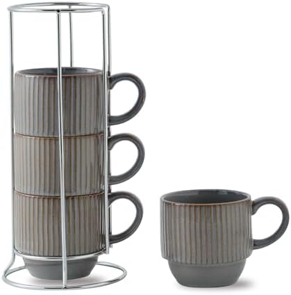 Hasense Porcelain Coffee Mugs, 12 oz Stackable Coffee Cups Ceramic with Steel Rack, Modern Ribbed Latte Cup Sets for Cappuccino, Tea, Espresso, Hot Cocoa, Drinks - Dishwasher & Microwave Safe, Brown by Hasense
