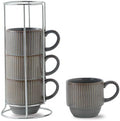Hasense Porcelain Coffee Mugs, 12 oz Stackable Coffee Cups Ceramic with Steel Rack, Modern Ribbed Latte Cup Sets for Cappuccino, Tea, Espresso, Hot Cocoa, Drinks - Dishwasher & Microwave Safe, Brown by Hasense