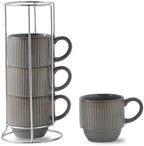 Hasense Porcelain Coffee Mugs, 12 oz Stackable Coffee Cups Ceramic with Steel Rack, Modern Ribbed Latte Cup Sets for Cappuccino, Tea, Espresso, Hot Cocoa, Drinks - Dishwasher & Microwave Safe, Brown by Hasense
