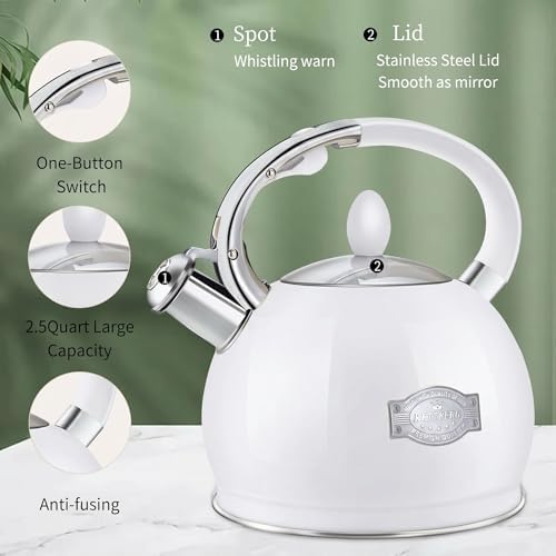 Tea Kettle Stovetop, 2.64 Quart Food Grade Steel Whistling Tea Pot White - Image 3