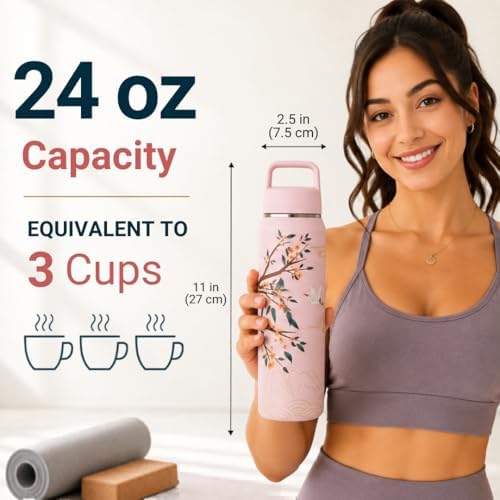 Farasi Loose Leaf Tea Infuser Bottle Wide Mouth Coffee, Fruit, Insulated Stainless Steel Water Bottle Infuser Tumbler - Leakproof Built In Handle Travel Mug Pink Floral 24 oz - Image 3
