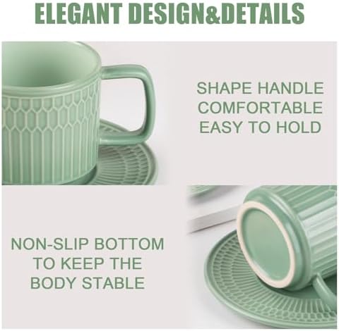 8oz Cappuccino Cups with Saucers Set of 4, 8 Ounce Stackable Embossed Ceramic Coffee Mugs for Specialty Coffee Drinks, Latte Mugs, Cafe Mocha and Tea, Dishwasher & Microwave Safe (Mix) - Image 4