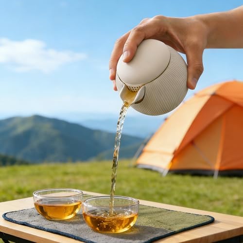 All-in-One Portable Travel Tea Kit, Ceramic Teapot with Removable Infuser, 2 High Borosilicate Glass Tea Cups, Non-Slip Silicone Sleeve & PU Leather Carry Pouch for Camping, Hiking, Office - Image 4