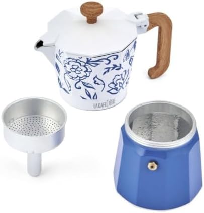 La Cafetière Venice 6 Cup Espresso Maker, 290ml Aluminium Stovetop Coffee Maker with Floral Design, Gas and Electric Hob Moka Pot with Wooden Handle, Blu Fiorato - Image 3