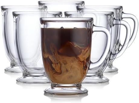 Libbey Kona Glass Coffee Mugs Set of 6, Elegant 16 Ounce Clear Tea Cup Set , Dishwasher Safe Glass Mugs with Handles for Tea, Coffee,and Espresso by Libbey