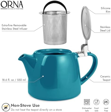 ORNA Ceramic Teapot with Tea Infuser – Small Tea Pot for Loose Leaf Tea – 550ml / 18.6 Oz Porcelain Non-Stove Teapot for 2 Cups with Tea Strainer (Ocean) - Image 2