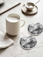 Coaster for Drinks 4 Pack,Watercolor Forest Tree Mountain Absorbent Round Ceramic Stone with Cork Base,Black Gray Natural Scenic Drink Coaster Cup Mats for Home Dining Coffee Tables - Image 2