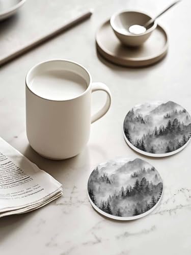 Coaster for Drinks 4 Pack,Watercolor Forest Tree Mountain Absorbent Round Ceramic Stone with Cork Base,Black Gray Natural Scenic Drink Coaster Cup Mats for Home Dining Coffee Tables - Image 2