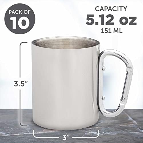 DISCOUNT PROMOS Stainless Steel Mugs with Carabiner Handle 10 oz. Set of 10, Bulk Pack - Perfect for Coffee, Soda, Other Hot & Cold Beverages - Silver - Image 5