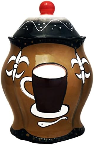 ACK Tuscany Hand Painted Fleur De Lis Coffee Design Collection Ceramic Cookie Jar with Lid, Food Storage Jar, Kitchen Décor, Snack Storage Container for Cookie, Candy by ACKTradingCo