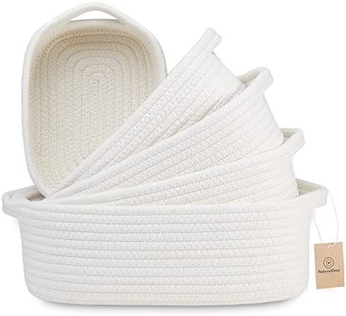 NaturalCozy 5-Piece Rectangle Storage Basket Set- Natural Cotton Rope Woven for Organizing! Small Basket for Montessori, Baby Nursery, Dog Toy Baskets, Cat Toy Box, Bathroom Organization Bin by NaturalCozy