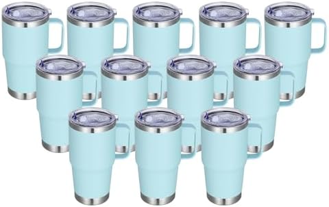 20 oz Stainless Steel Tumbler with Handle Bulk Metal Insulated Tumblers Travel Coffee Mug with Handle Double Wall Tumbler Cup with Lid and Straw, Mint Green 12 Pack by Abbrevi