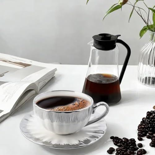 Gold Rimmed Ceramic Coffee Mug with Saucer Cappuccino Mug, 6 oz, for Coffee, Latte, Tea, Set of 6 (silver, Large) - Image 3